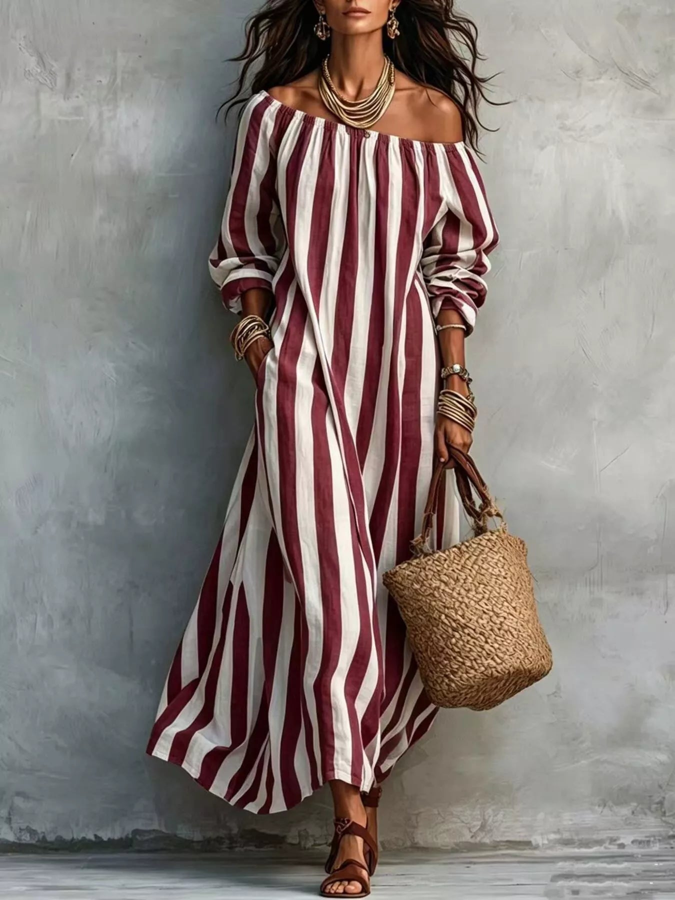 Off-Shoulder Striped Dress with Pockets