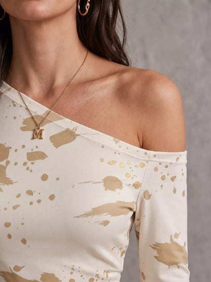 One-Shoulder Long Sleeve Paint Splatter Bodycon Mini Dress