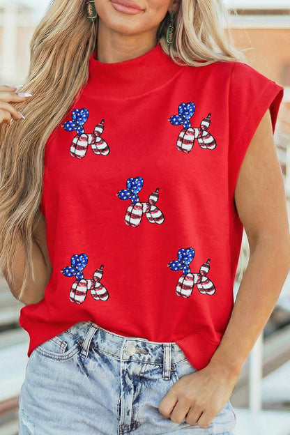 Racing Red Sequin American Flag Balloon Dog High Neck Short Sleeve Top