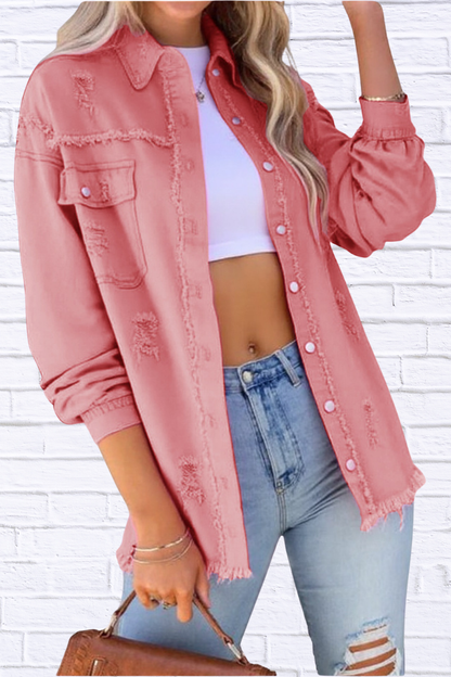 Distressed Denim Jacket with Frayed Edges