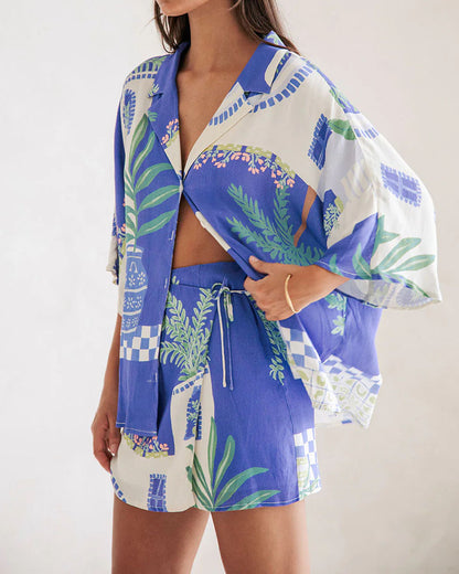 Fashion Holiday Print Shirt & Skirt Two-Piece Set