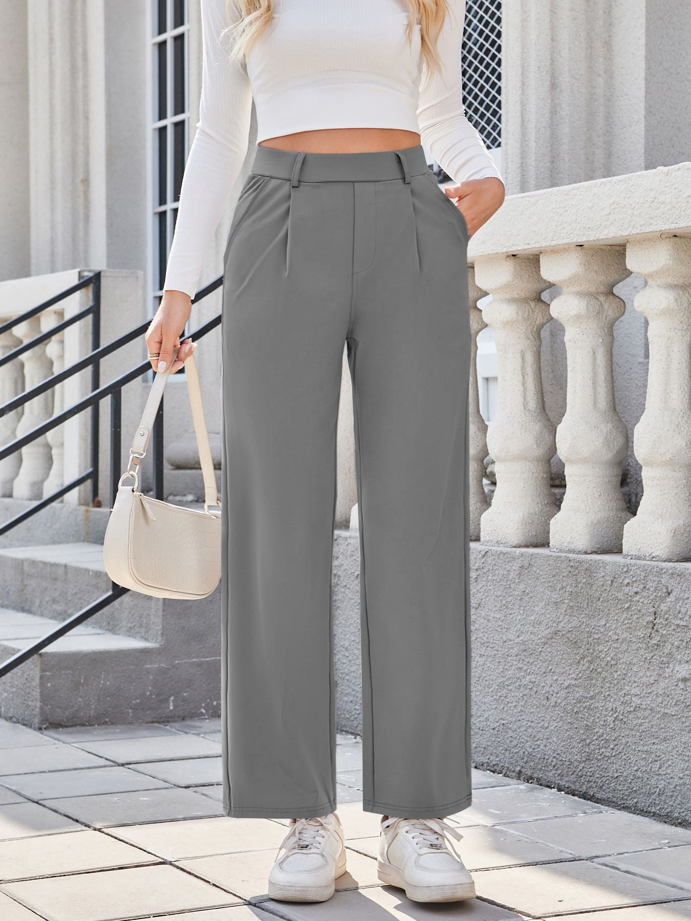 Pantalon de jogging plissé décontracté pour femme, coupe droite, taille haute, facile à laver