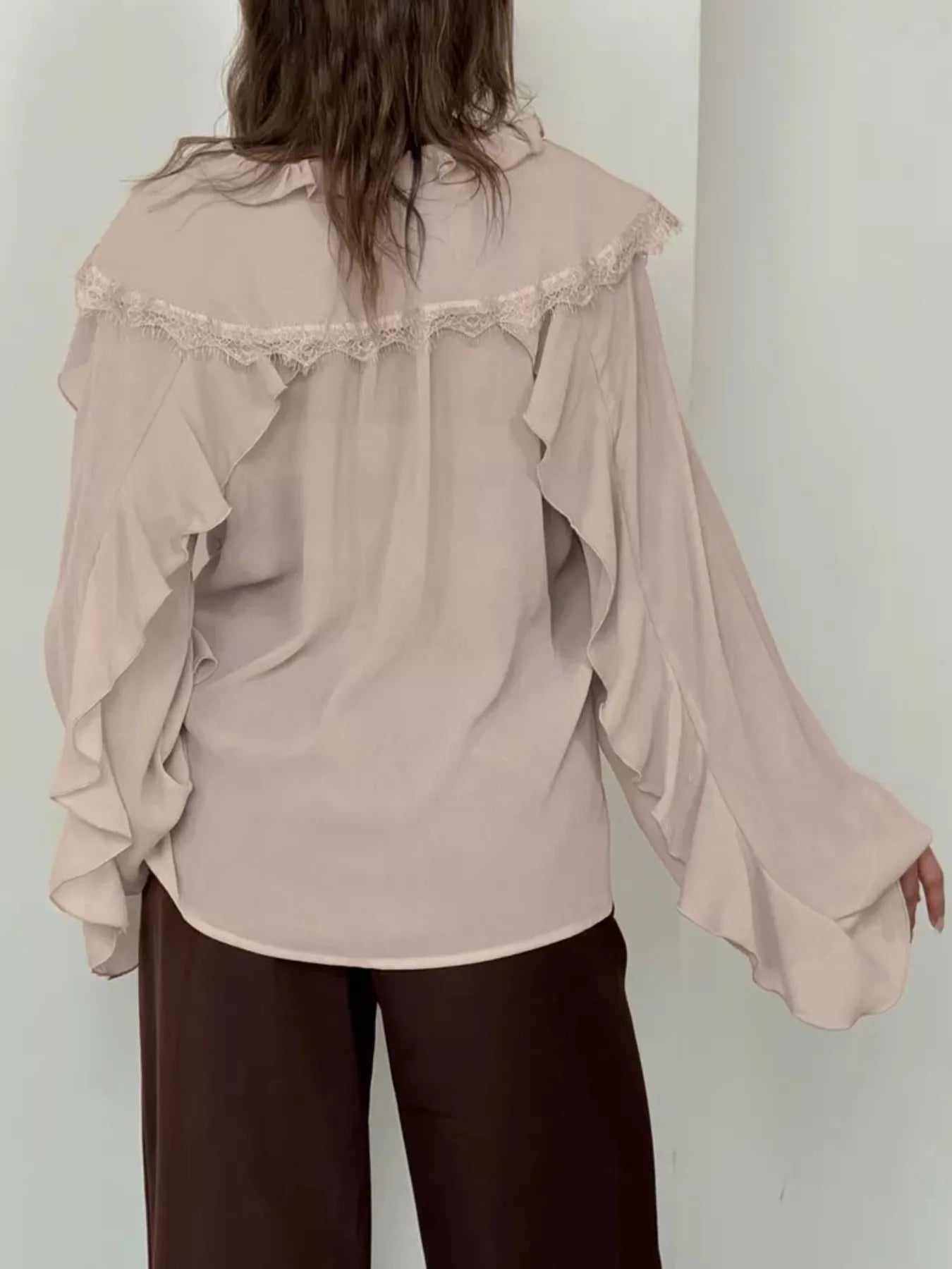 V-Neck Ruffled Lace Trim Blouse
