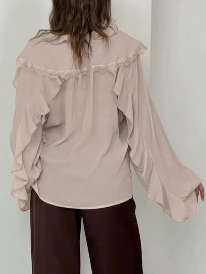 V-Neck Ruffled Lace Trim Blouse