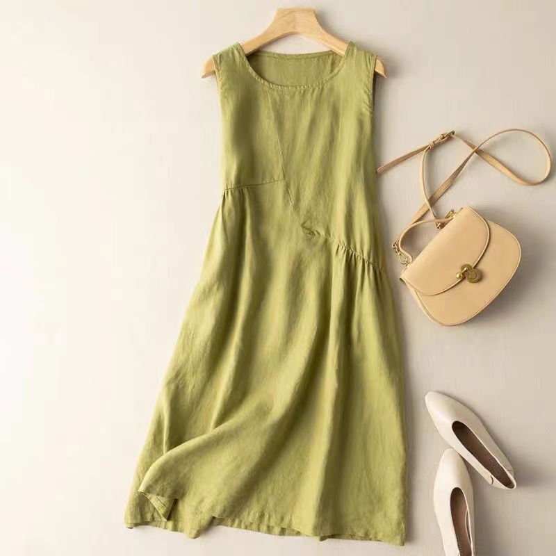 Literary cotton linen loose sleeveless vest dress