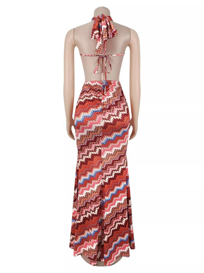 Chevron Print Halter Neck Cut-Out Maxi Dress