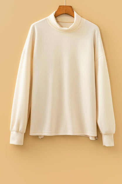 Beige Mock Neck Long Sleeve Leopard Detail Split Hem Top