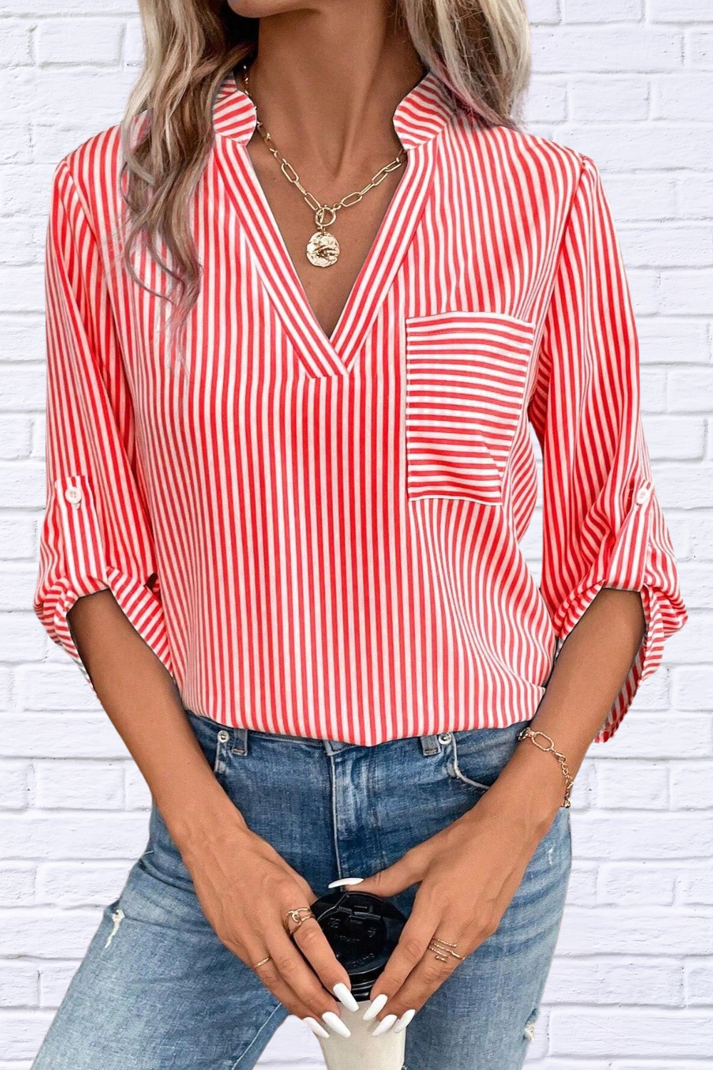 Striped Notched Roll-Tab Sleeve Shirt