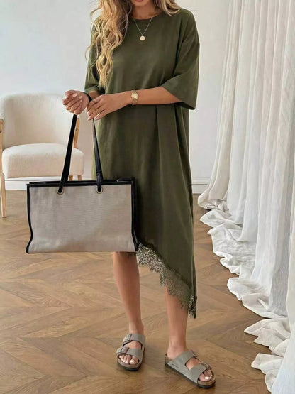 Lace Trim Asymmetrical Hem T-shirt Dress