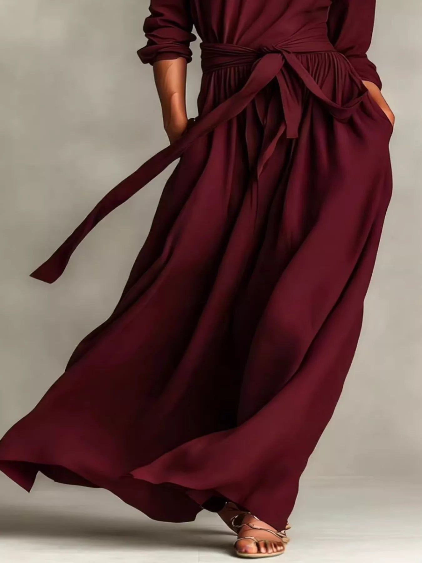Full Size Long Sleeve Tie Waist Maxi Dress Plus Size