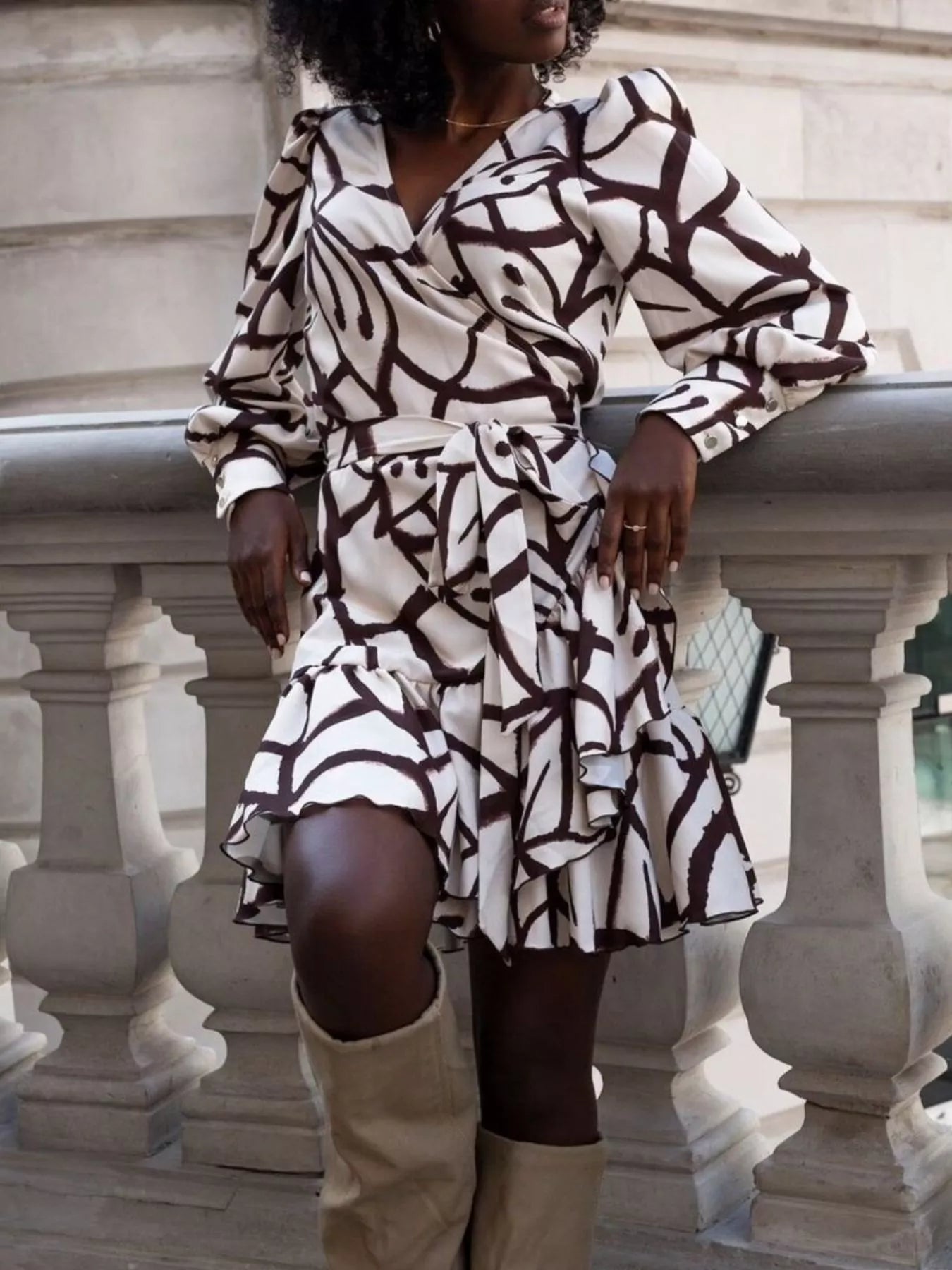 Printed Surplice Long Sleeve Wrap Mini Dress