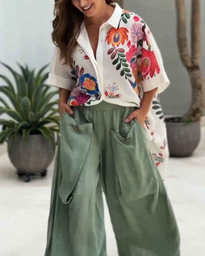 Casual Printed Shirt & Pocket Pants Two-Piece Set