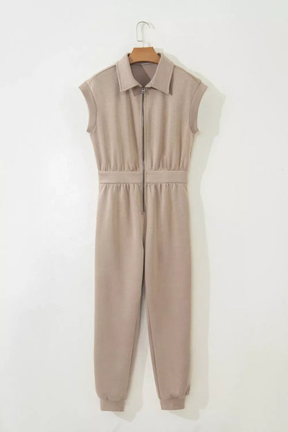 Solid Color Zip Front Short Sleeve Collared Jumpsuit