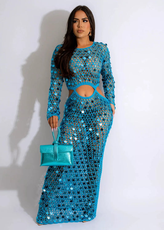 Sequin Mesh Cutout Maxi Dress