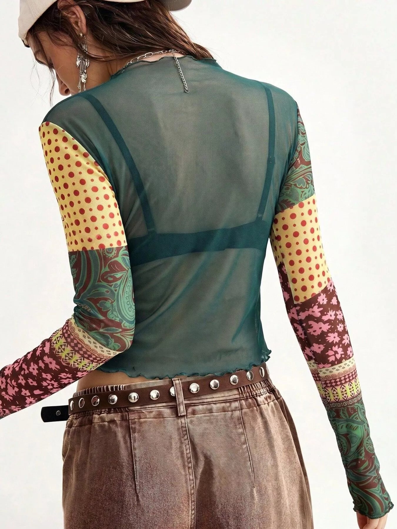 Floral Print Mesh Mock Neck Long Sleeve Top