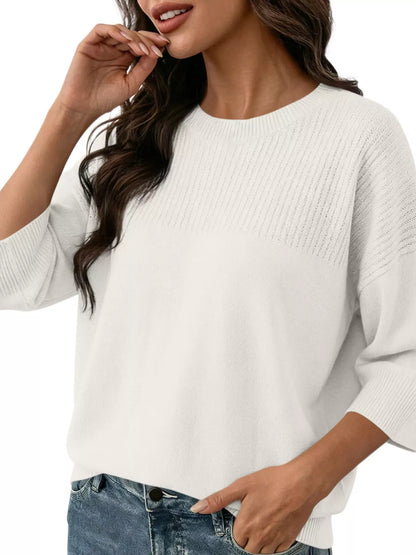 Elegant Crew Neck Eyelet Ribbed Sweater
