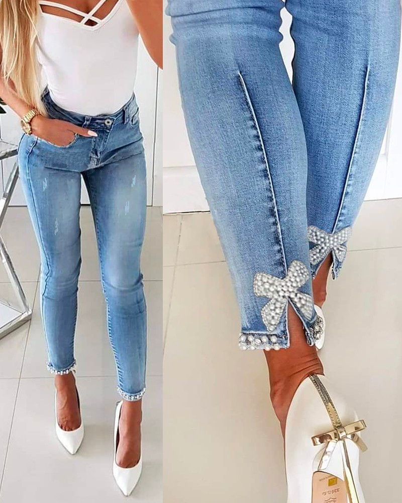 Rosiedress Bow Knot Pearl Beaded Pencil Denim Pants LightBlue