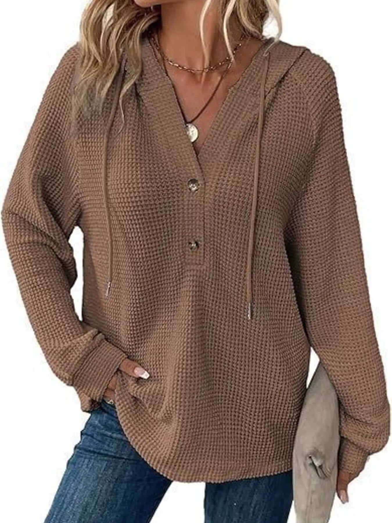 Full Size Waffle Knit Half-Button Hoodie Plus Size