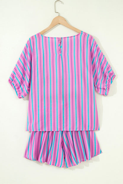 Pink Stripe Dolman Short Sleeve Blouse Drawstring Elastic Waist Loose Short Set