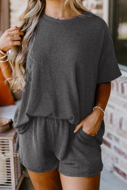 Blue Zone Planet | Textured Round Neck Top And Shorts Set