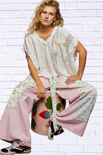 POL Asymmetrical V-Neck Short Sleeve Lace Top