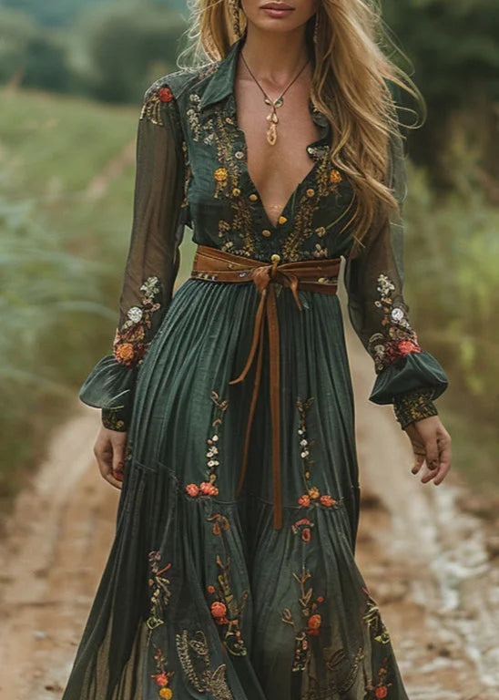 Retro V-Ausschnitt Floral Damen Langarm Langer Rock Country Pastoral Retro Kleid