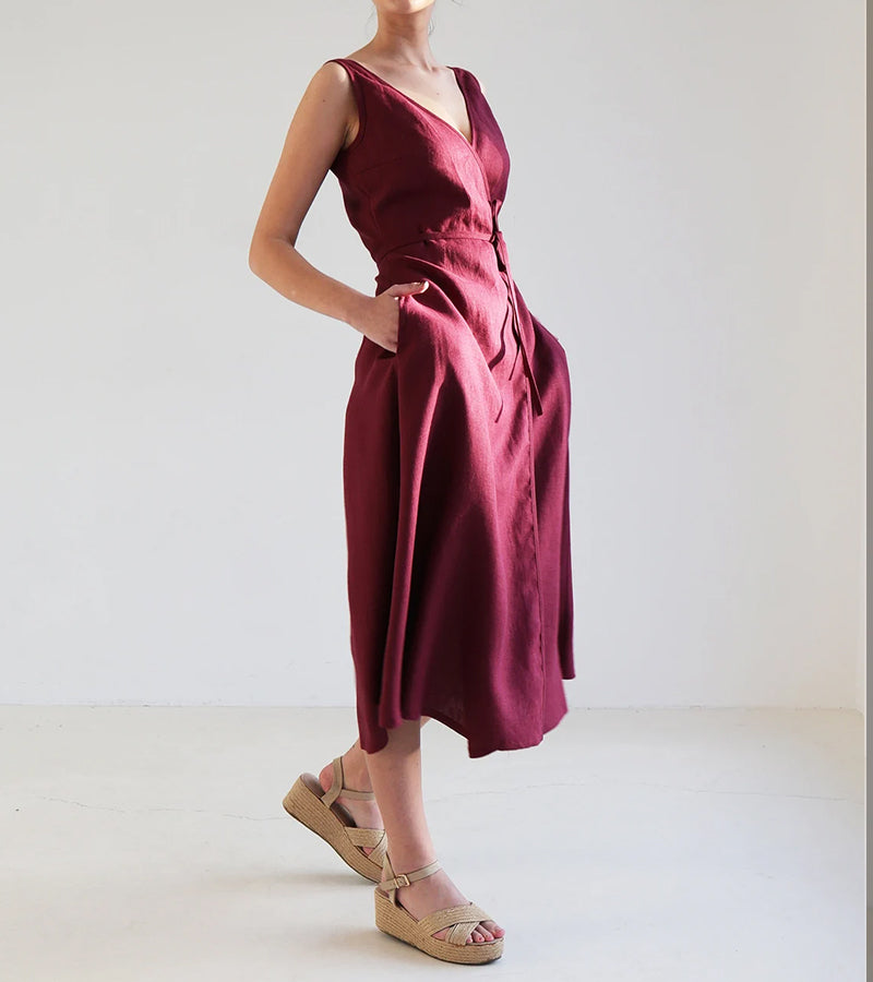 Burgundy Solid Color Linen Wrap Dress