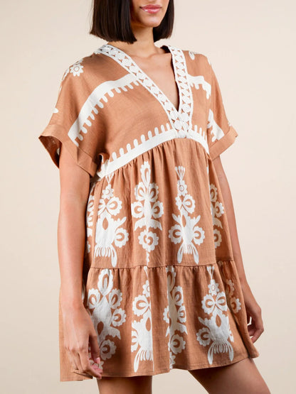 Printed V-Neck Short Sleeve Mini Dress