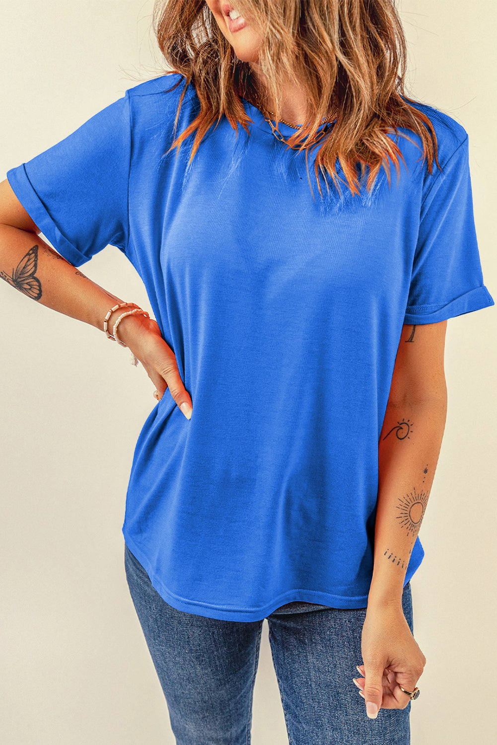 Tillandsia Purple Casual Plain Crew Neck Tee