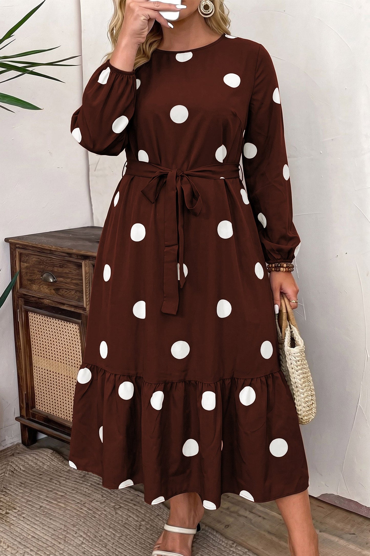 Brown Polka Dot Ruffled Hem Long Sleeve Tie Waist Plus Size Dress
