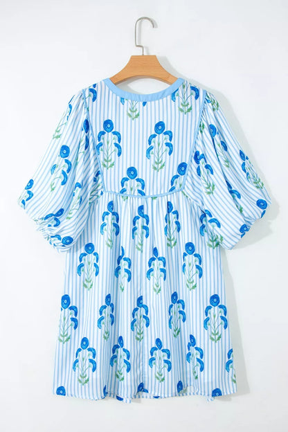 Floral Striped Print Tie Notched Neck Puff Sleeve Flared Mini Dress