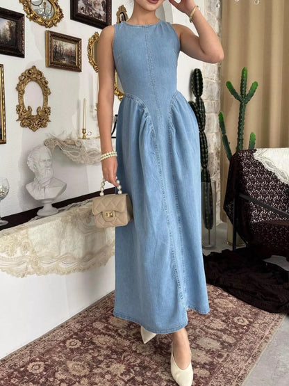 Sleeveless A-Line Denim Midi Dress