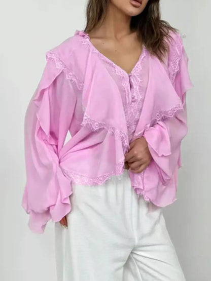 V-Neck Ruffled Lace Trim Blouse