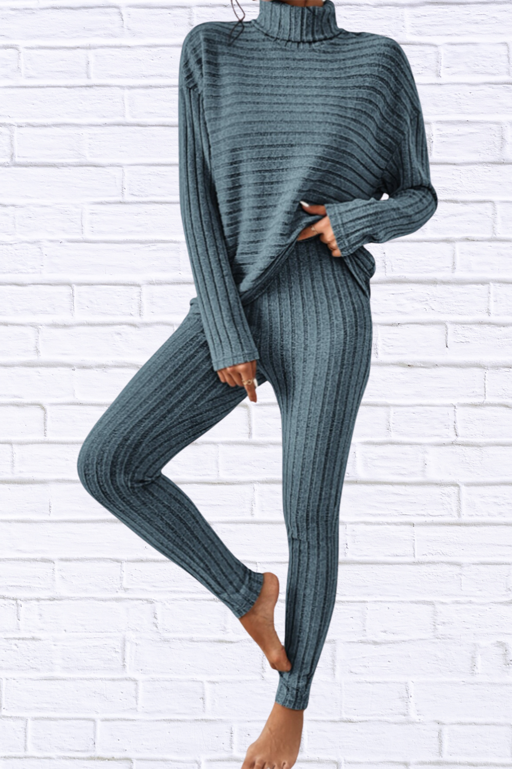 Ribbed Turtleneck Top and Pants Set
