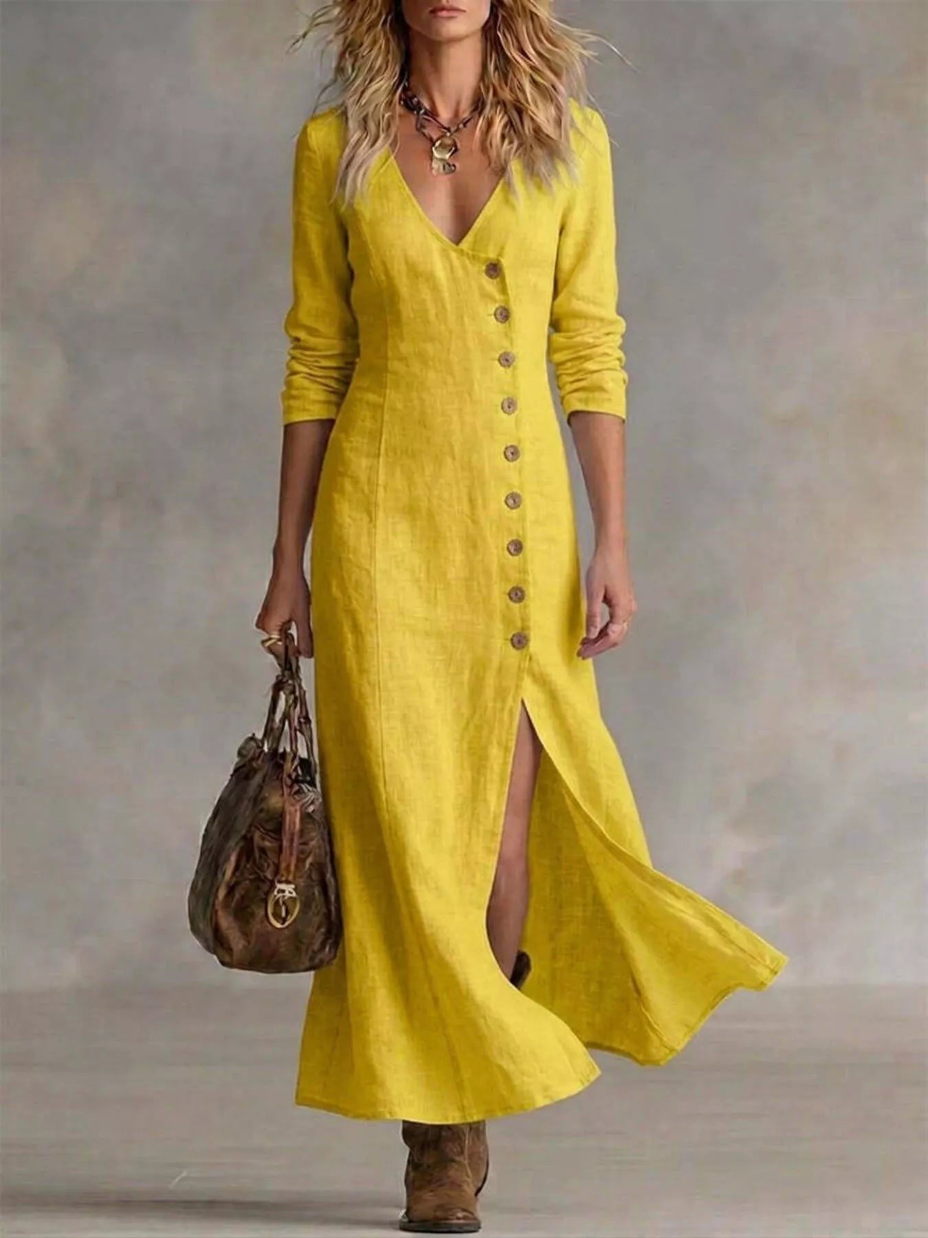 Slit Button-Down Midi Dress