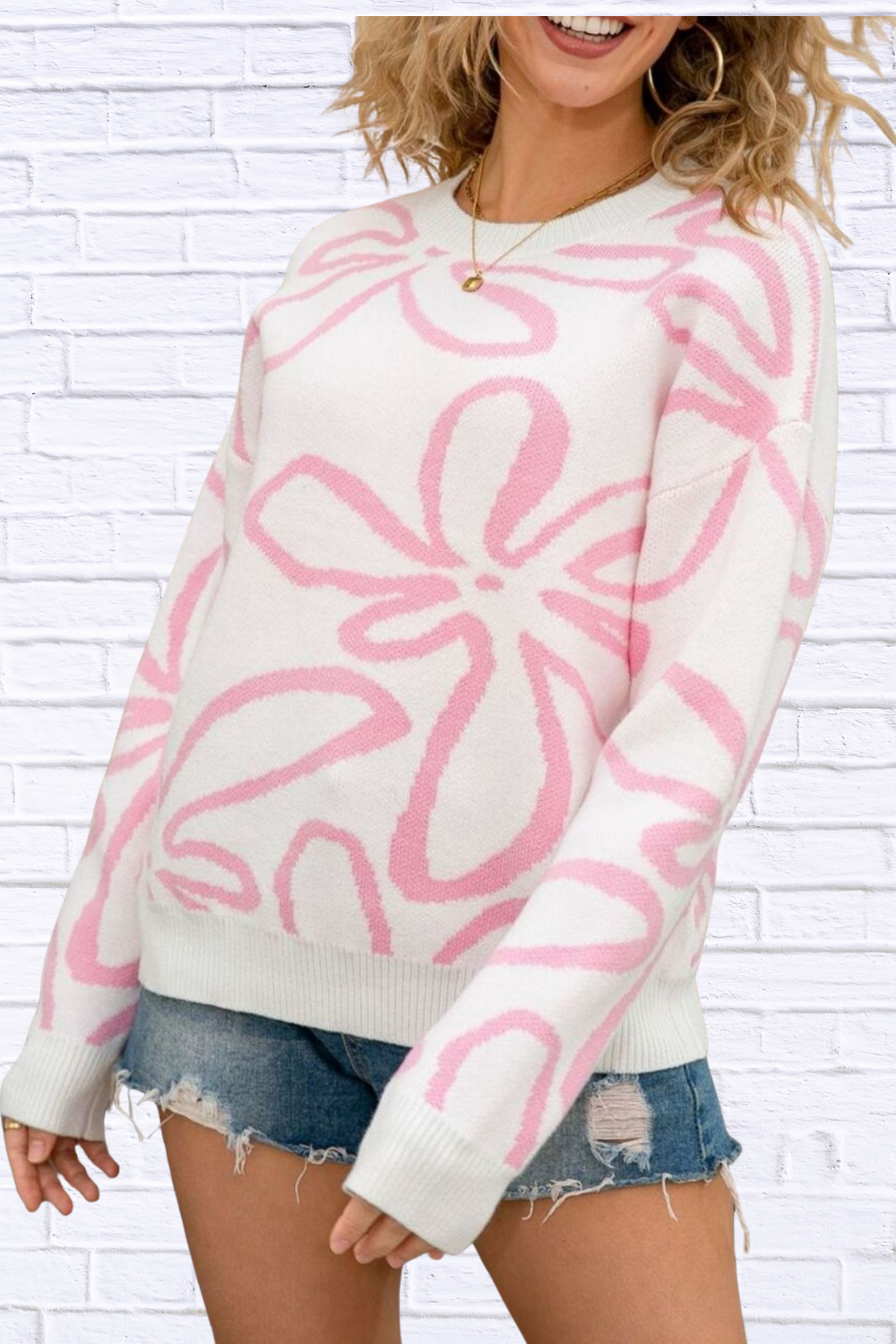Flower Crew Neck Long Sleeve Sweater