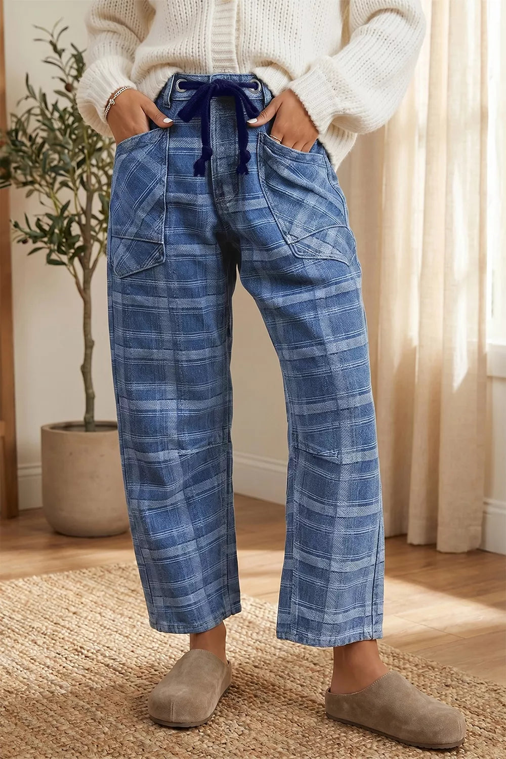 Plaid Denim Grommet Drawstring Waist Ankle-Length Jeans