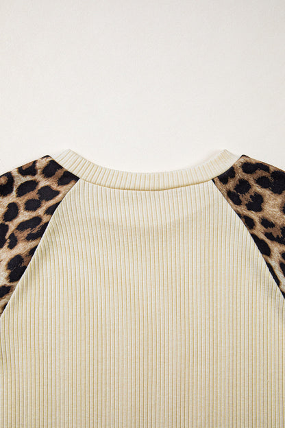 Apricot Ribbed Color Block Leopard Contrast Sleeve Loose Tee