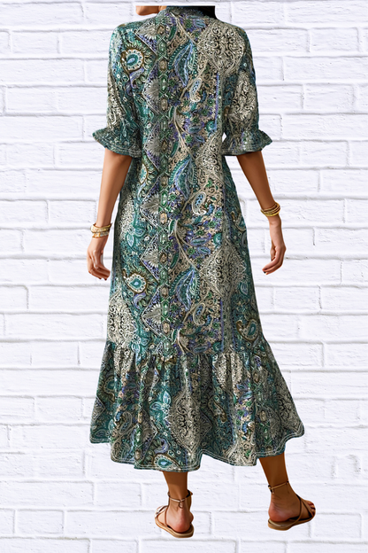 Bohemian Paisley Print Ruffle Hem Midi Dress