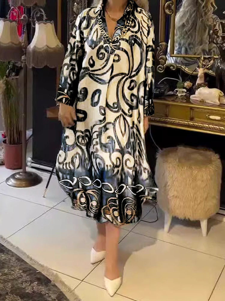 Elegant V-neck Loose Prints Dress