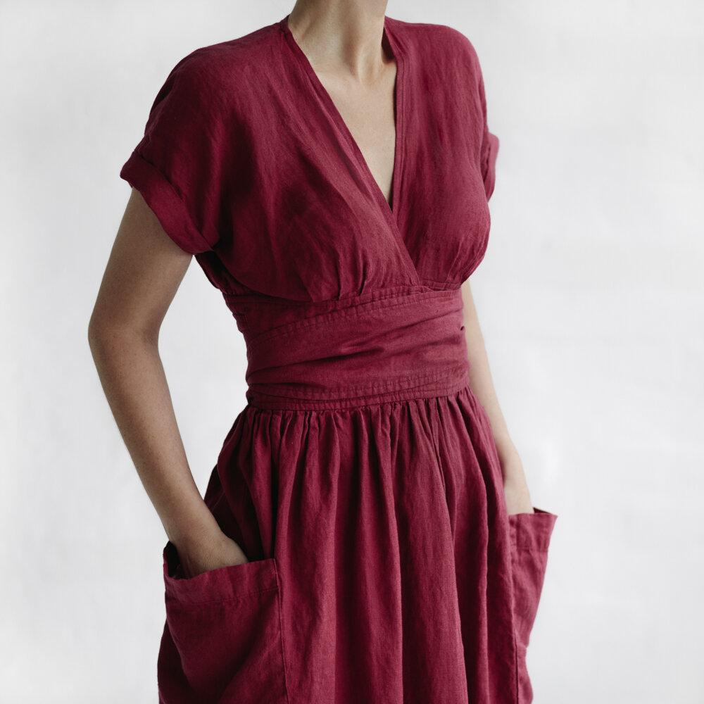 Women's Fashion V Neck Belt High Waist Short Sleeves Cotton- Linen Dress