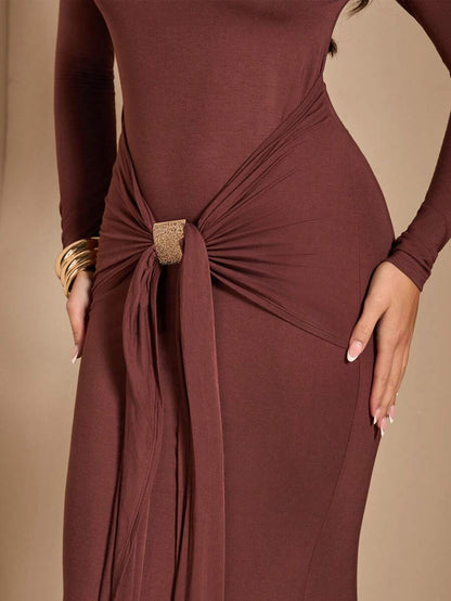 Solid Color Round Neck Long Sleeve Maxi Ruched Fitted Fishtail Dress