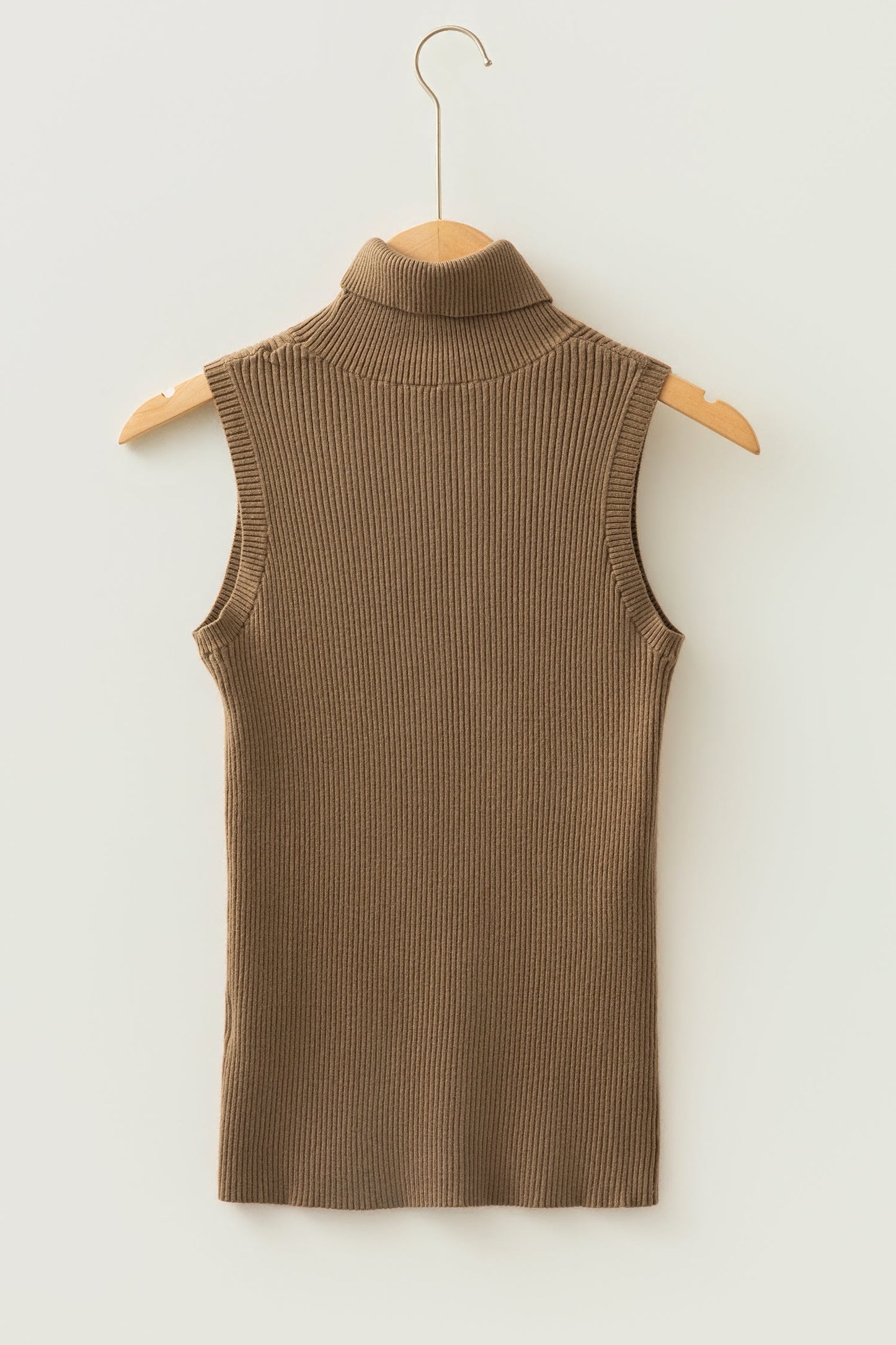 Light French Beige Western Ribbed Knit High Neck Sleeveless Waist Slim Fit Sweater Vest
