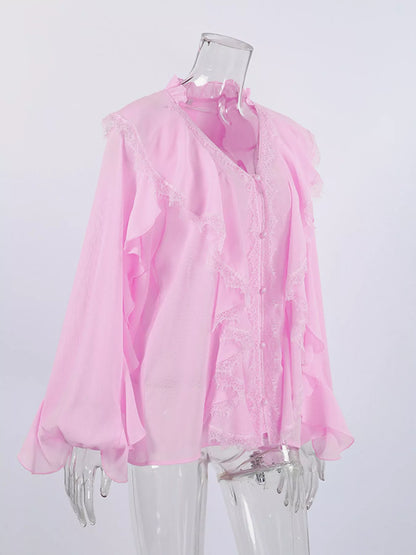 V-Neck Ruffled Lace Trim Blouse
