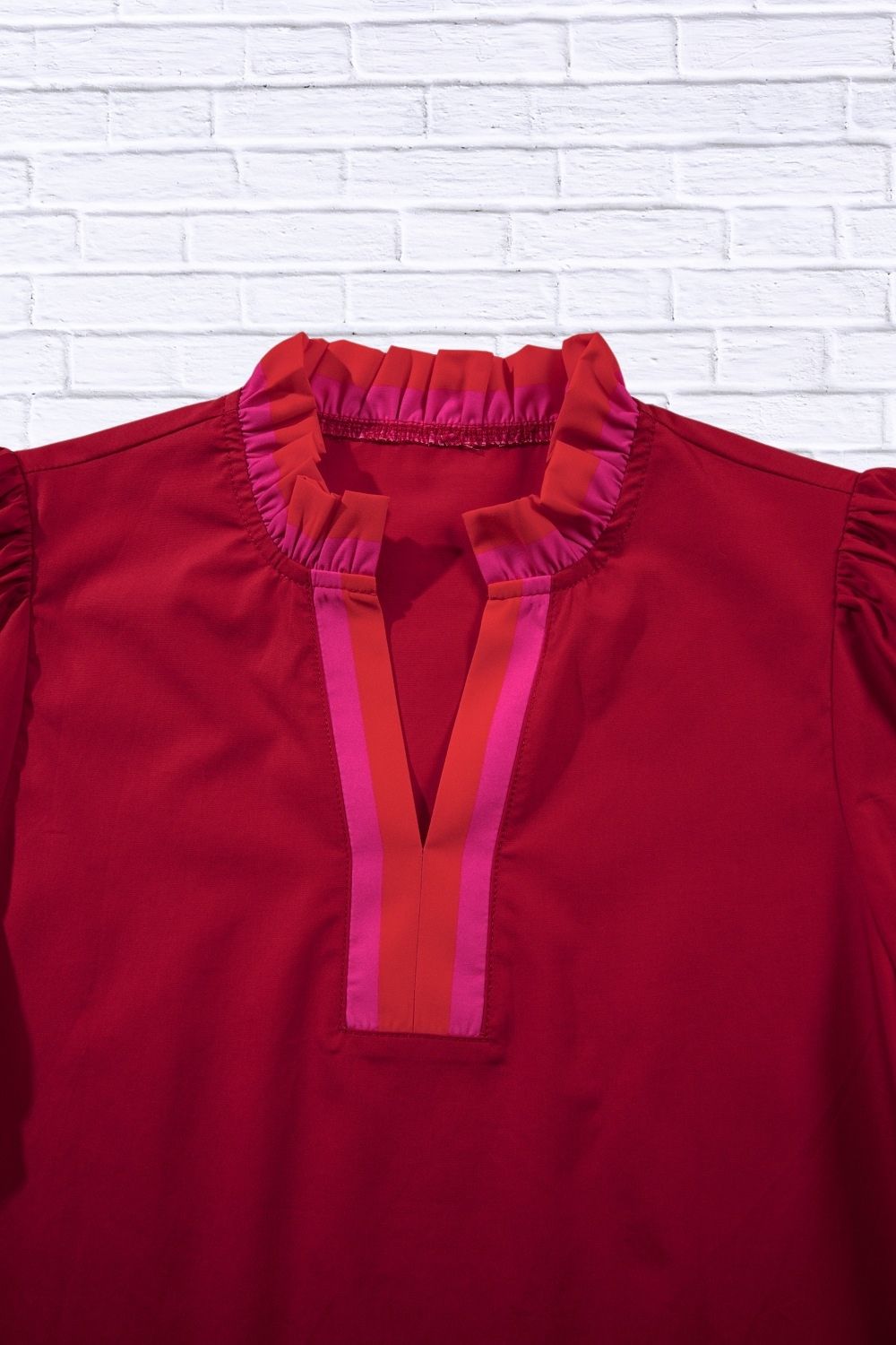 Ruffled Sleeve Notched Blouse with Striped Detail for Women