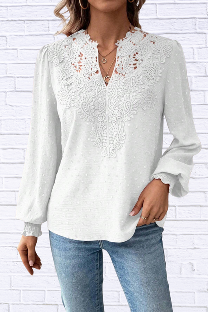 Swiss Dot Lace Detail Long Sleeve Blouse