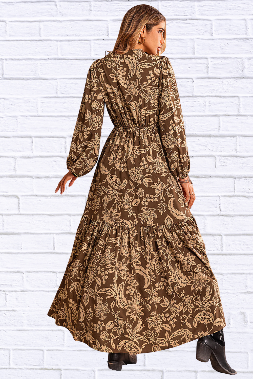 Taupe Ruched Printed Notched Long Sleeve Maxi Dress