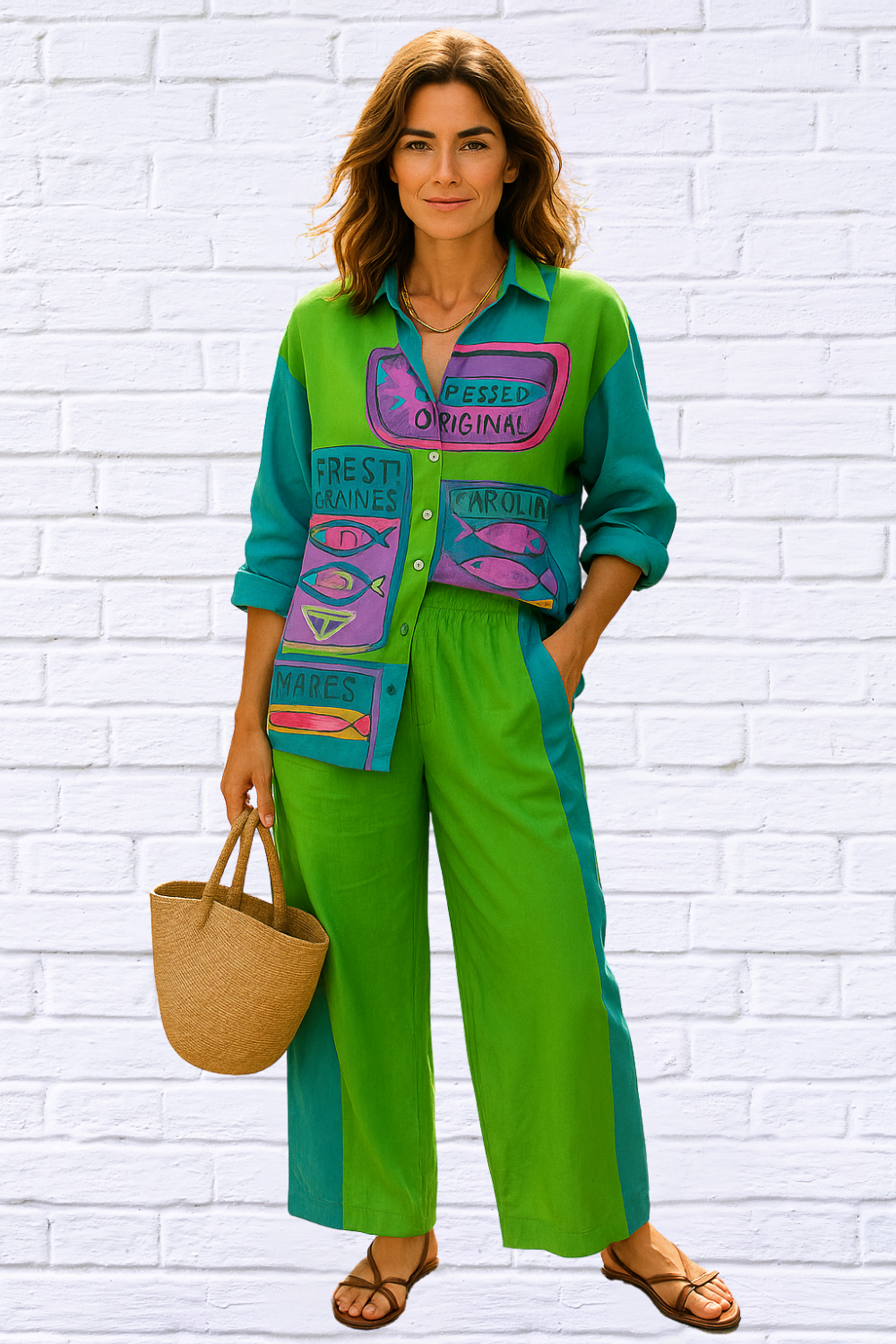Fun, Bold, Eye-Catching Long Sleeved Elastic Waist Pants Set – Lime Green and Turquoise