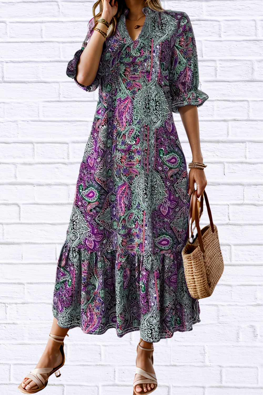 Bohemian Paisley Print Ruffle Hem Midi Dress