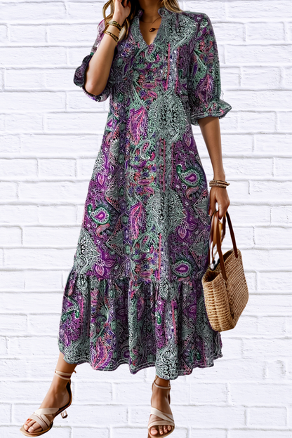 Bohemian Paisley Print Ruffle Hem Midi Dress